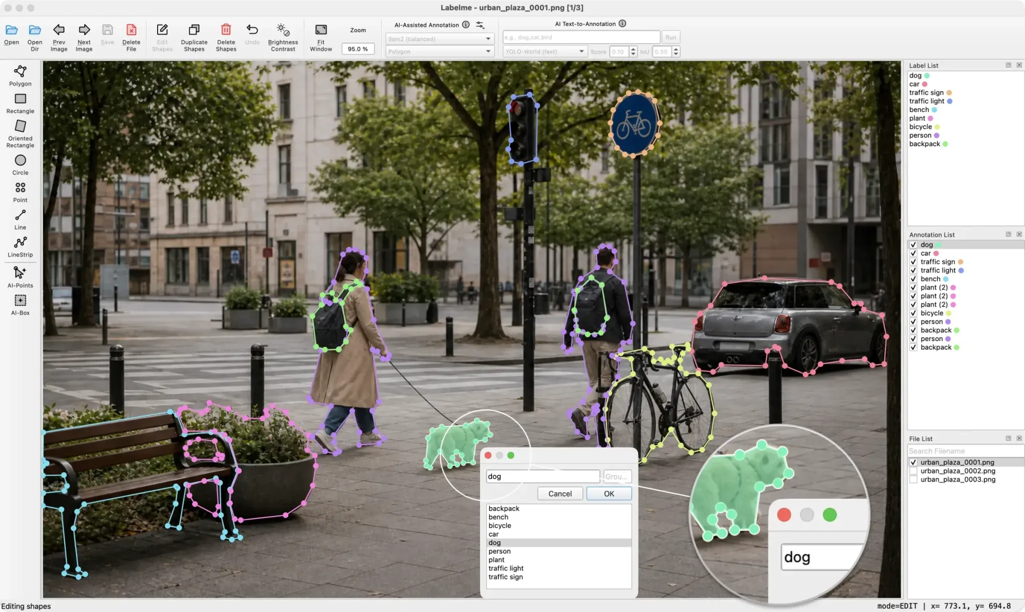The Labelme desktop app annotating a synthetic Urban Plaza dataset: a selected dog polygon and the label dialog naming it, shown enlarged in a loupe, with drawing tools, label lists, and dataset files around the canvas.