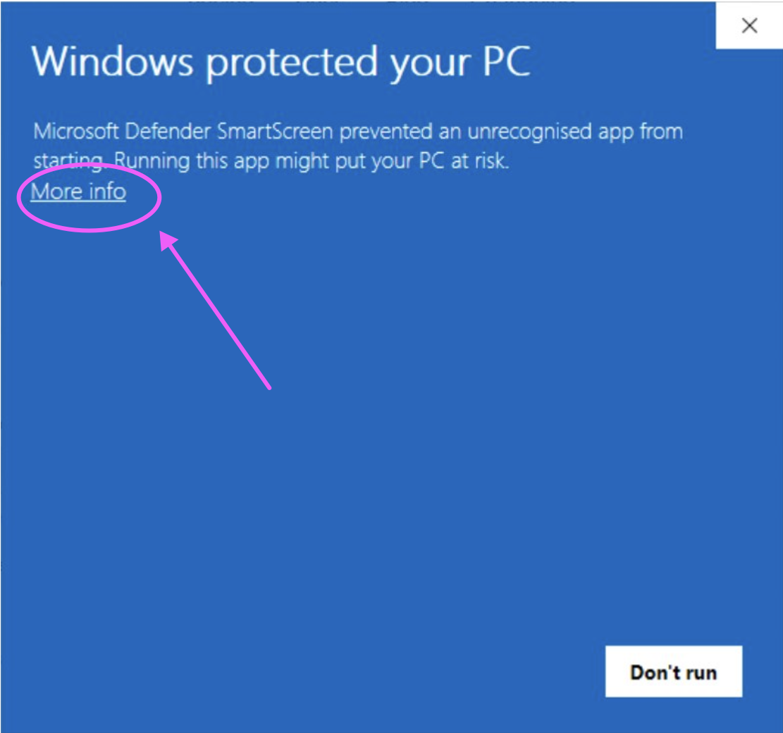 Windows protected your PC warning with the More info link.
