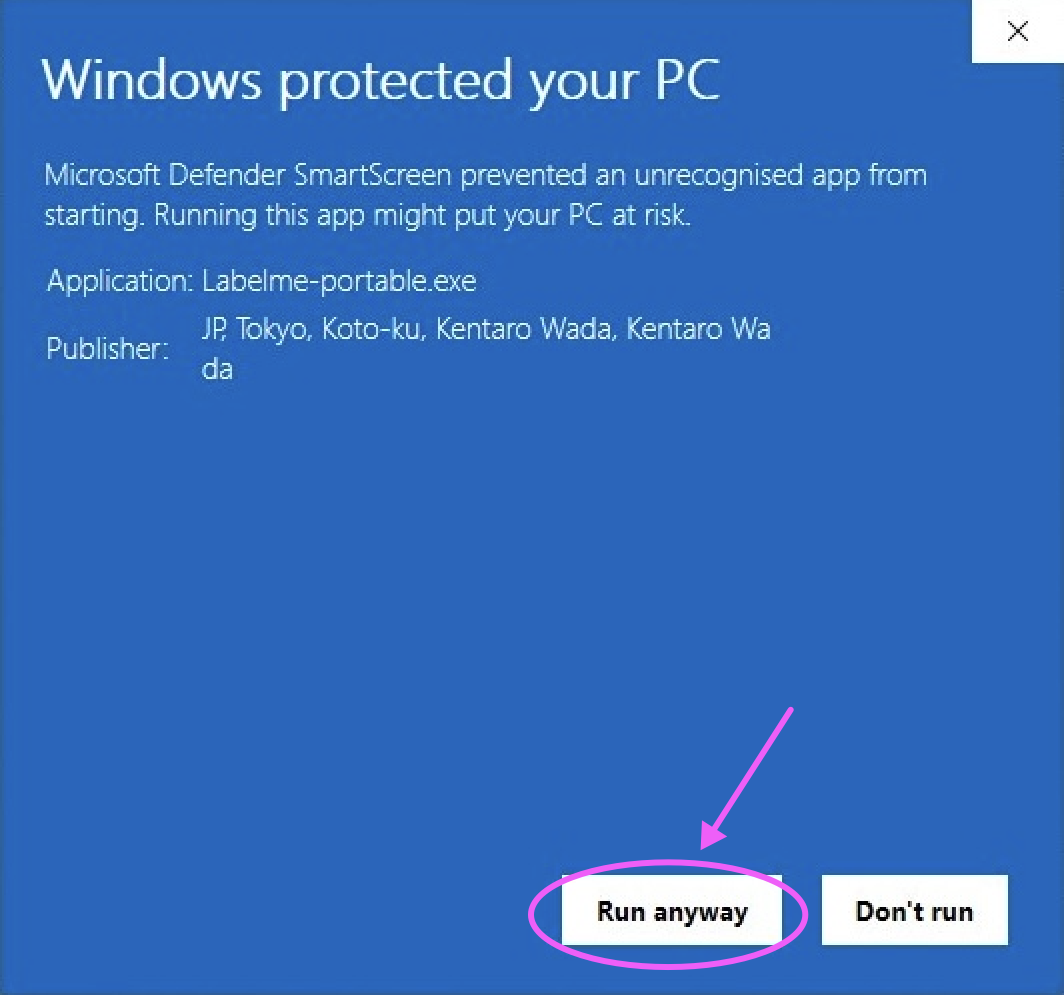 Expanded Windows warning showing Kentaro Wada as the publisher and the Run anyway button.